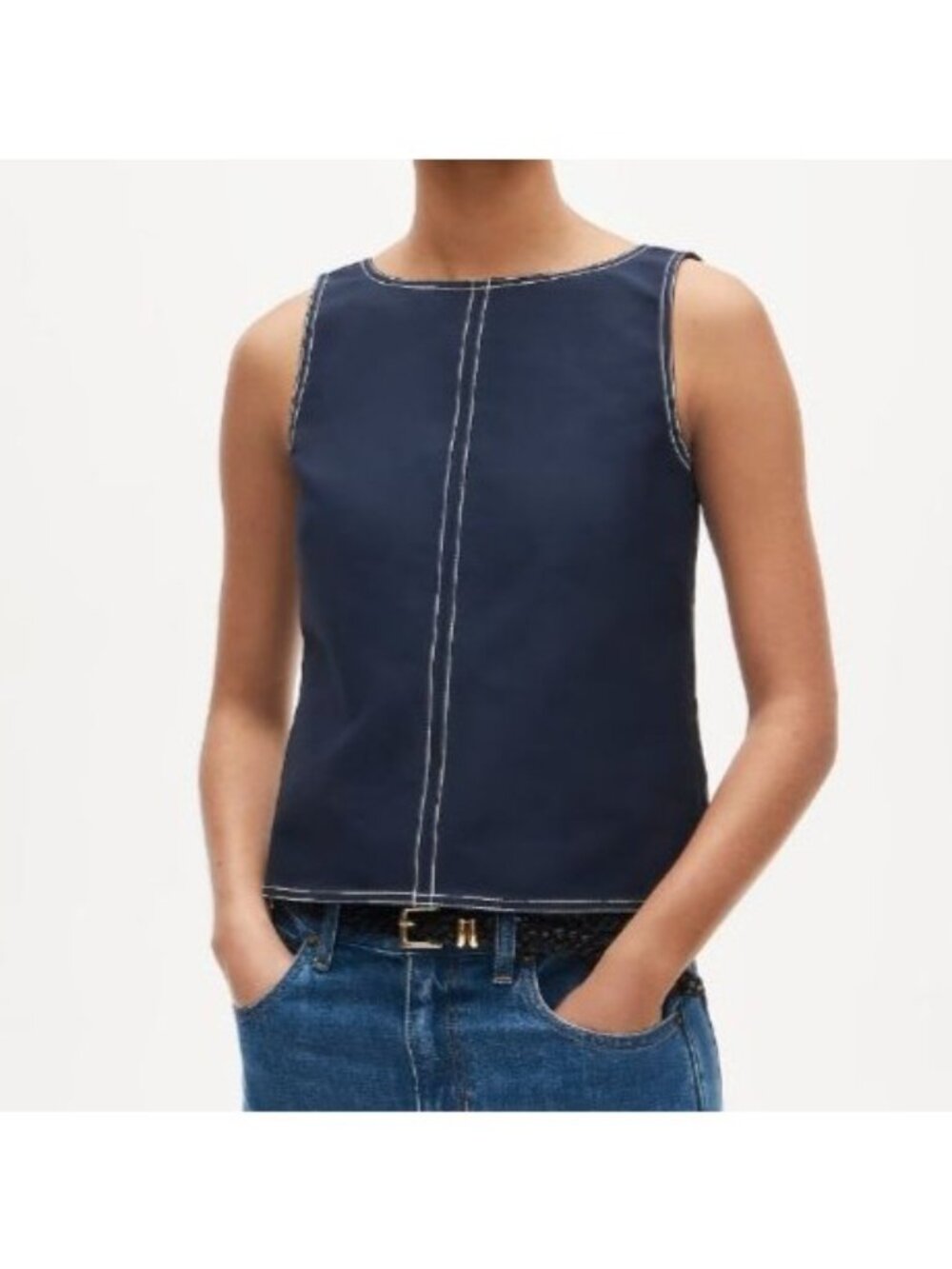 NWT J.Crew Contrast-Stitch Shell Top Sz 6 Navy Double Cotton Poplin Tank V-Back